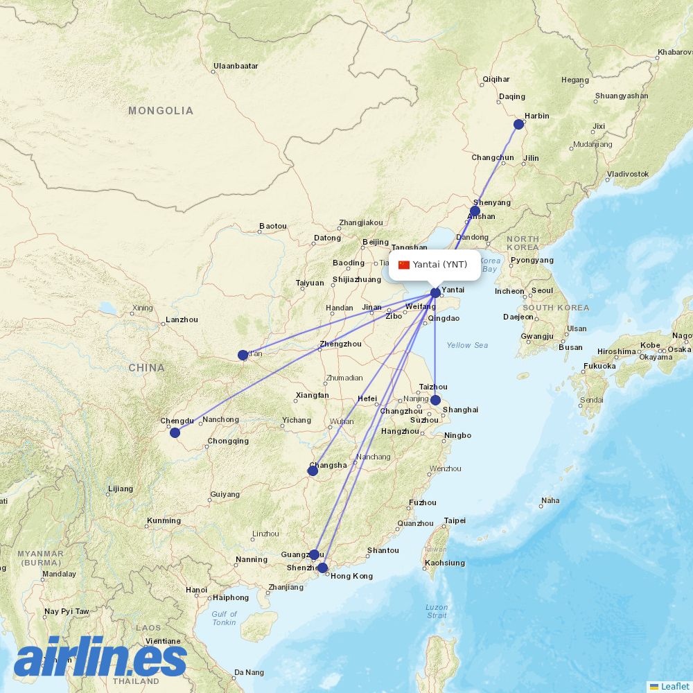 Shenzhen Airlines from Penglai International Airport destination map