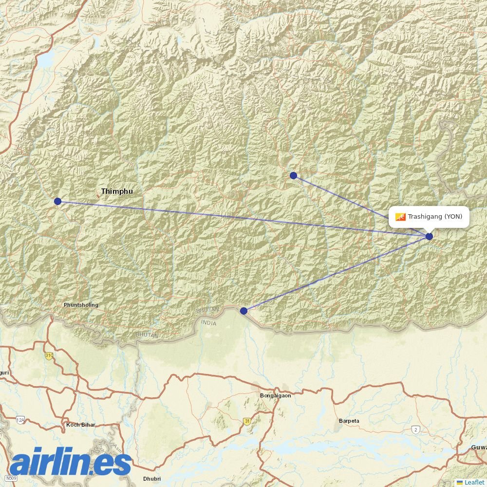 Drukair at YON route map