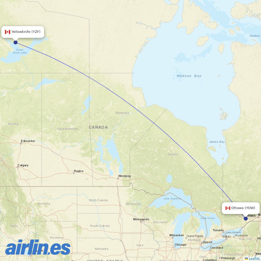 Air North from Ottawa Macdonald Cartier International destination map