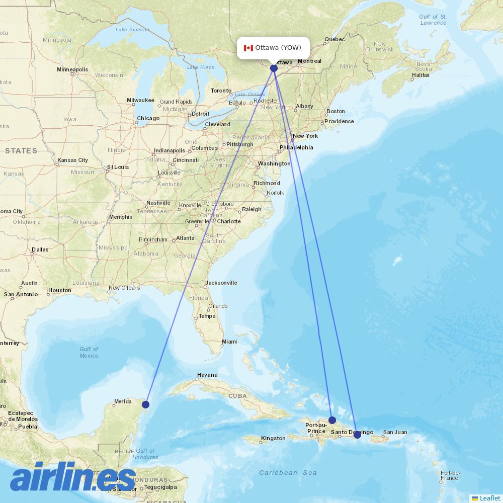Air Transat from Ottawa Macdonald Cartier International destination map