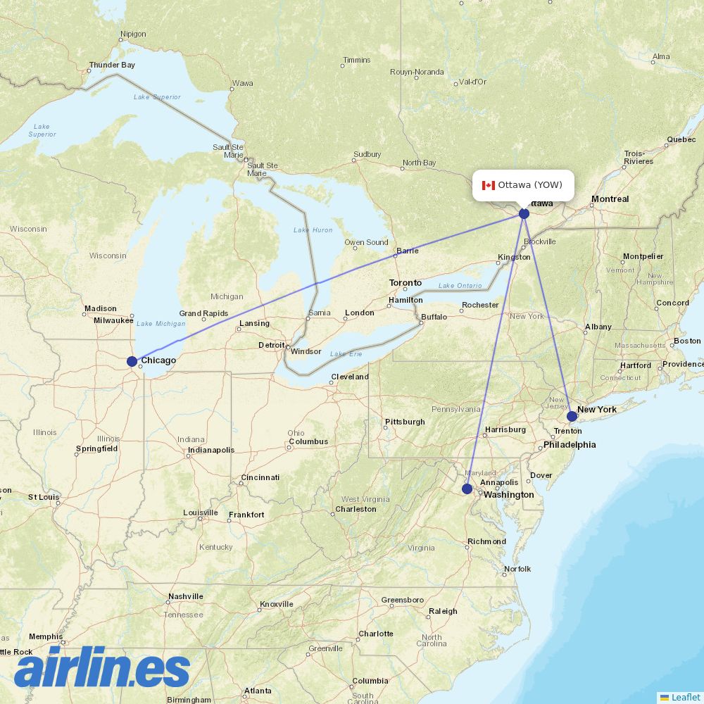 United Airlines from Ottawa Macdonald Cartier International destination map