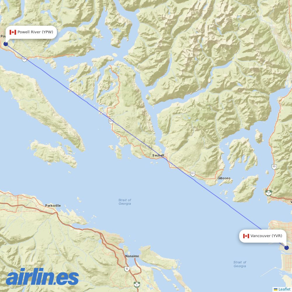 Pacific Coastal Airlines at YPW route map