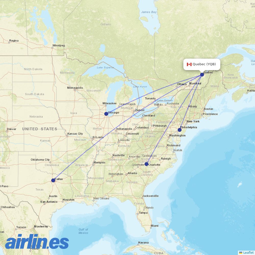 American Airlines from Quebec Jean Lesage International destination map