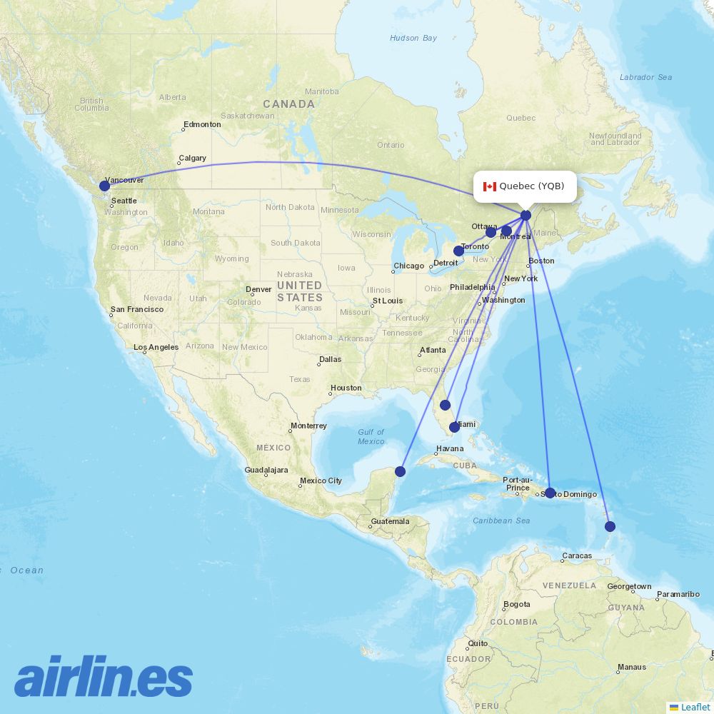 Air Canada from Quebec Jean Lesage International destination map