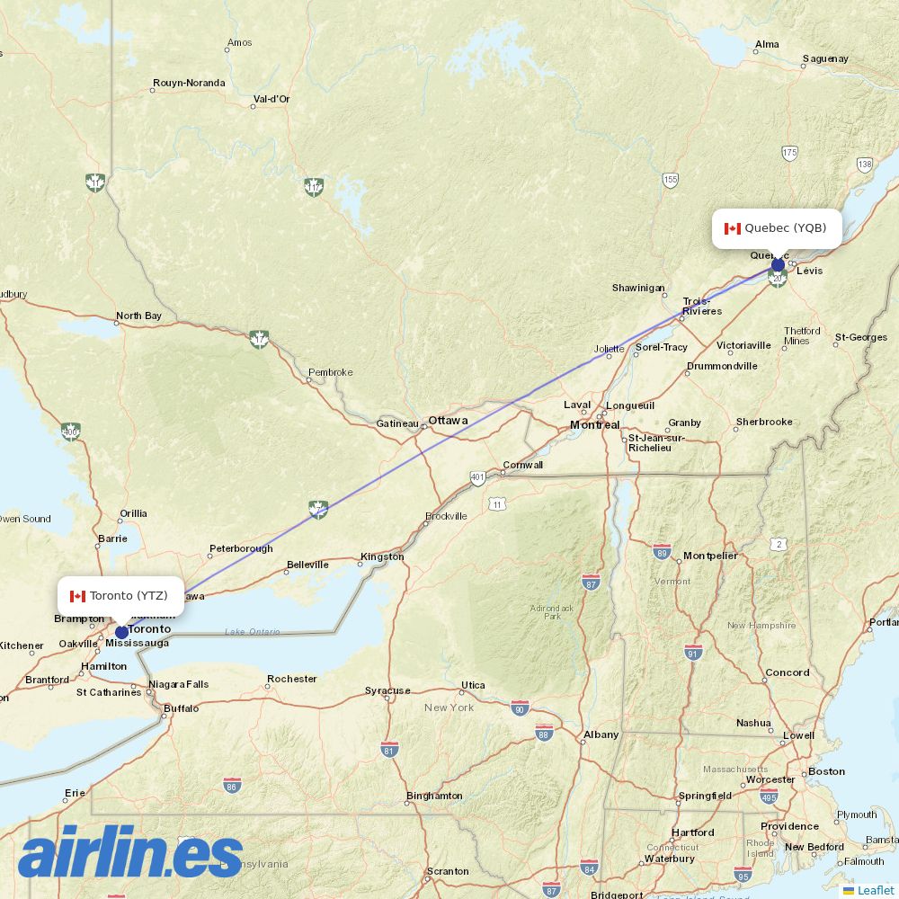 Porter Airlines from Quebec Jean Lesage International destination map