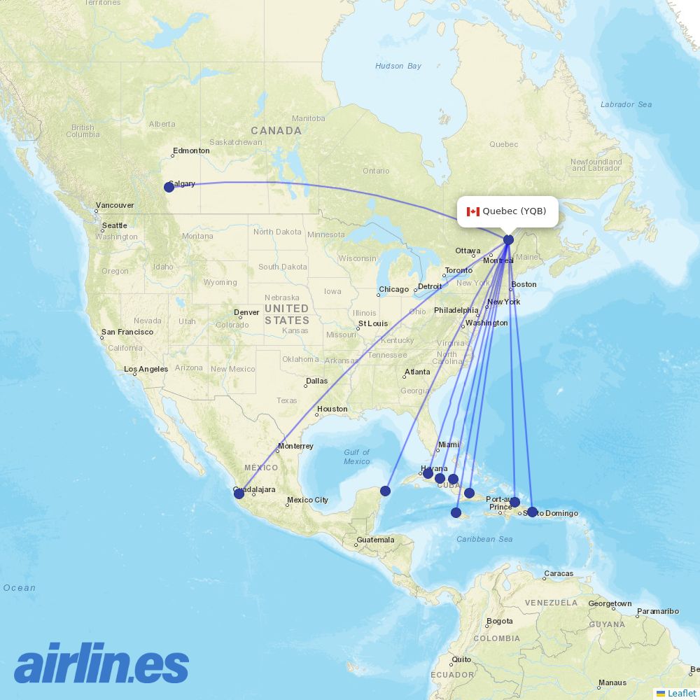 WestJet from Quebec Jean Lesage International destination map