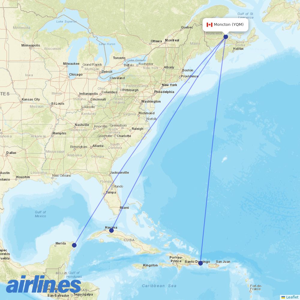 Air Transat from Greater Moncton International destination map