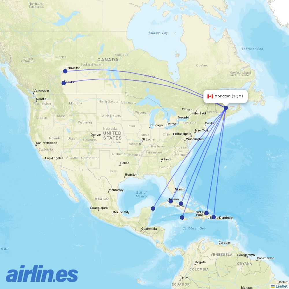 WestJet from Greater Moncton International destination map