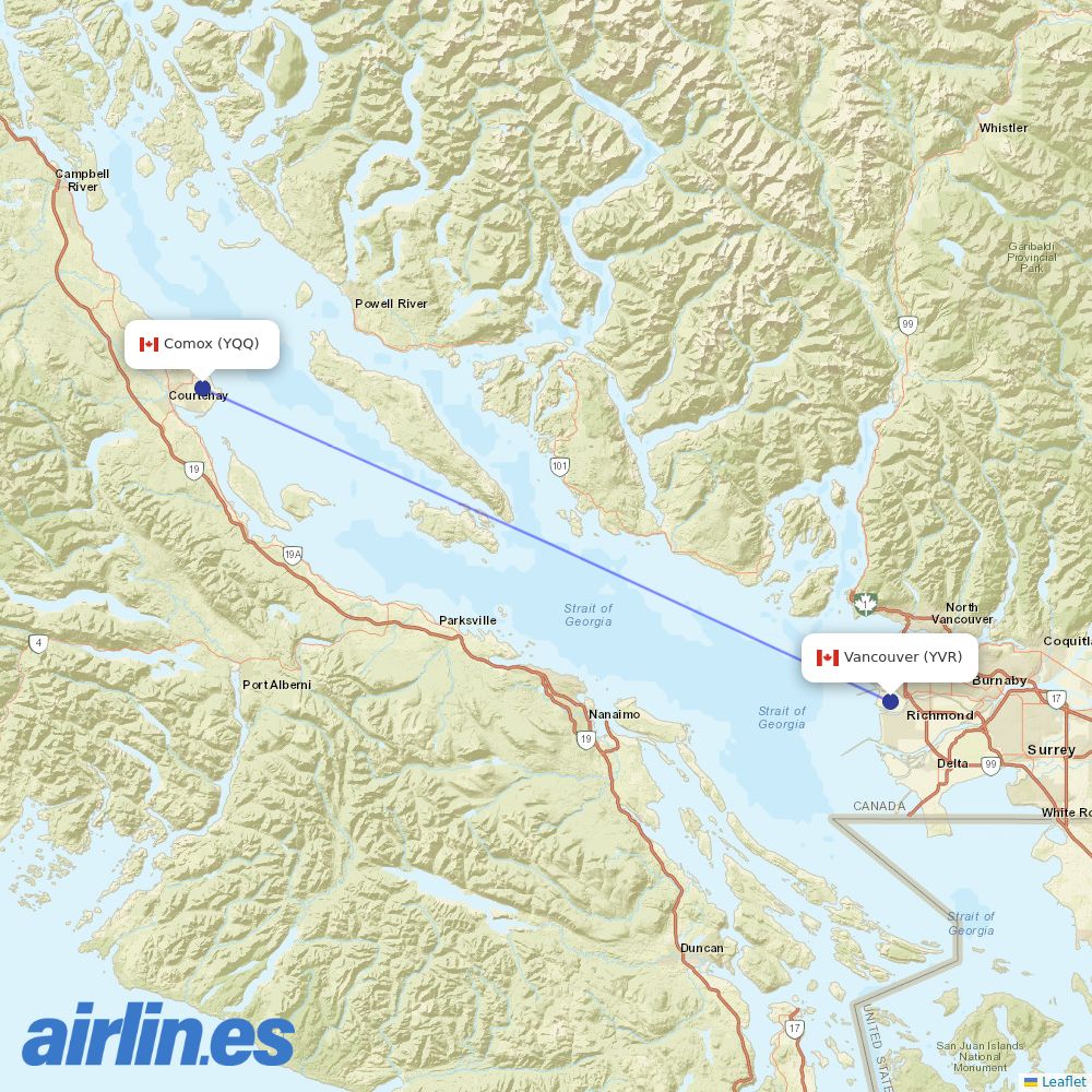Air Canada from Comox destination map