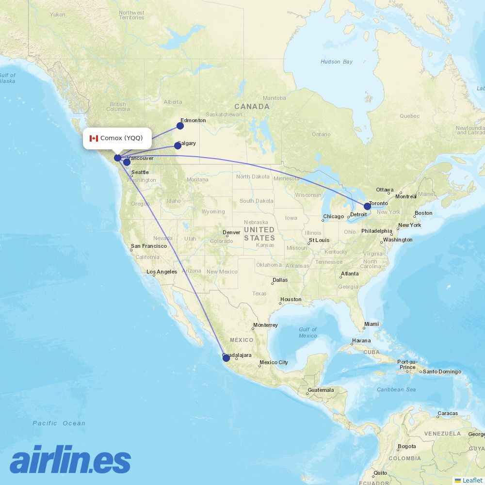 WestJet from Comox destination map