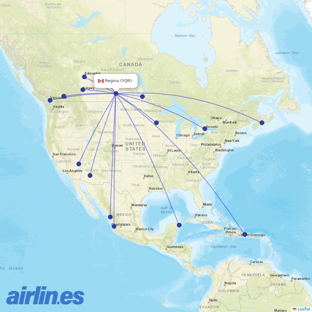 WestJet at YQR route map