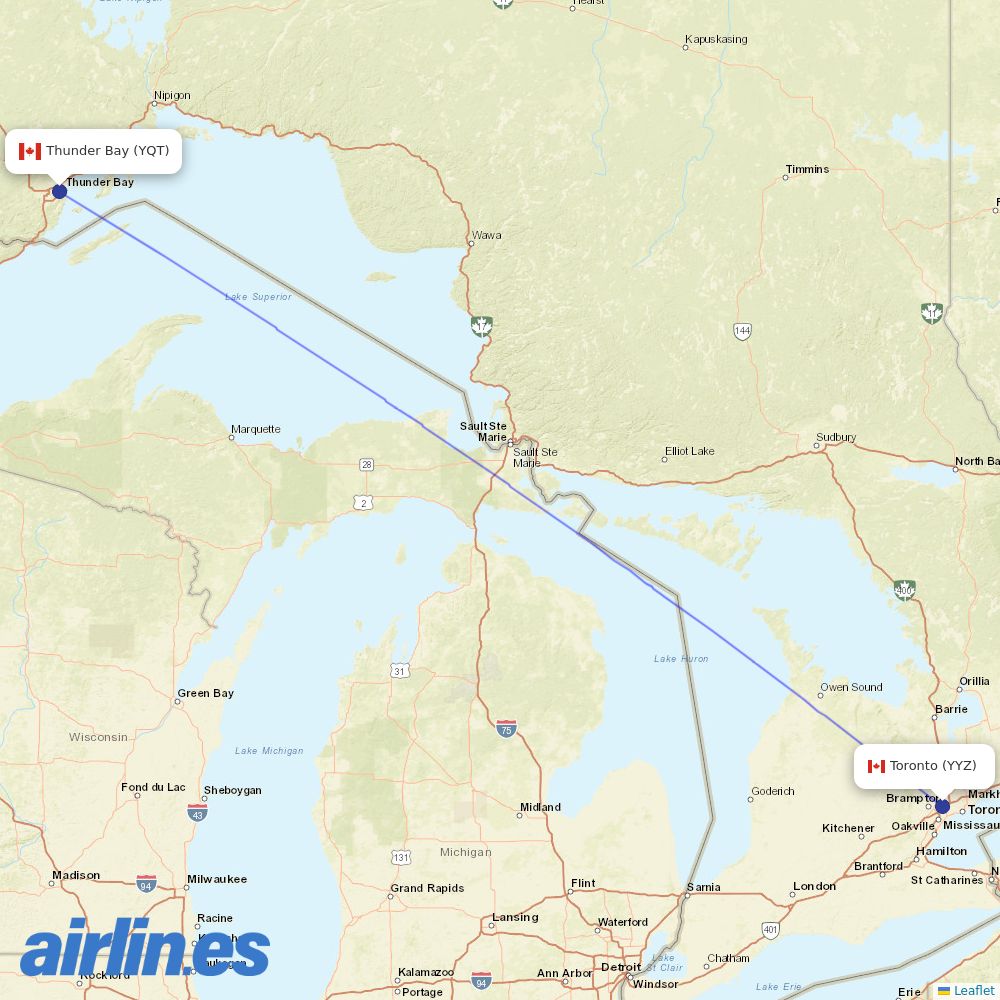Air Canada from Thunder Bay destination map
