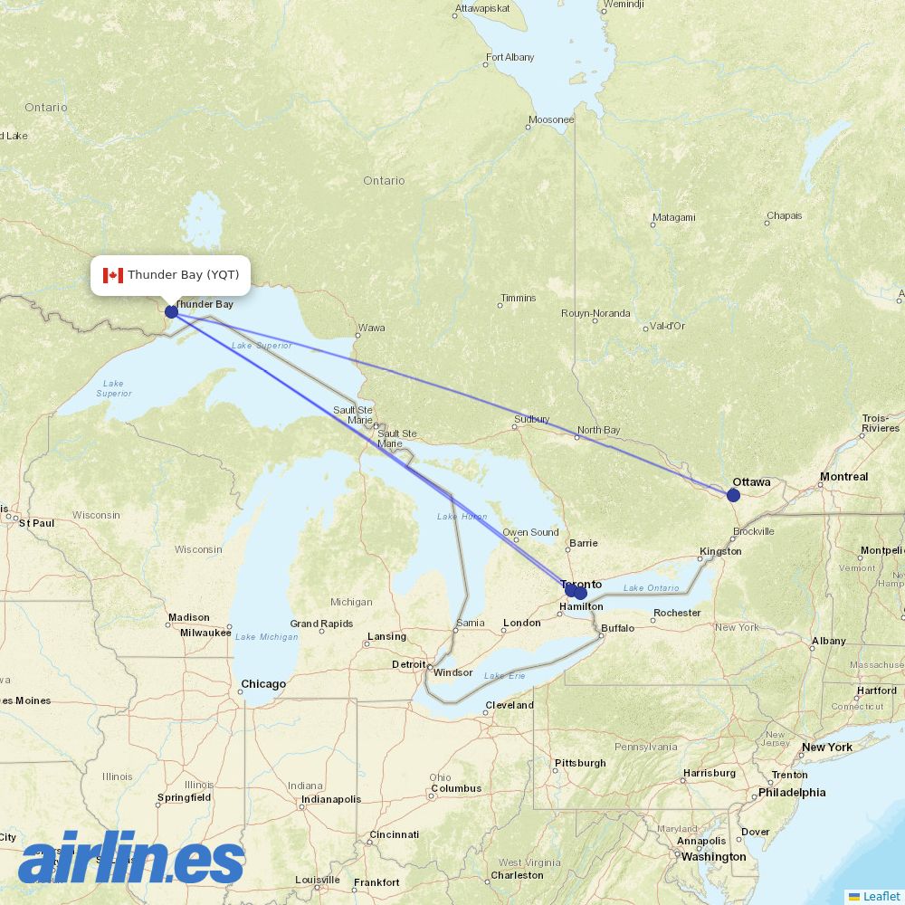 Porter Airlines from Thunder Bay destination map