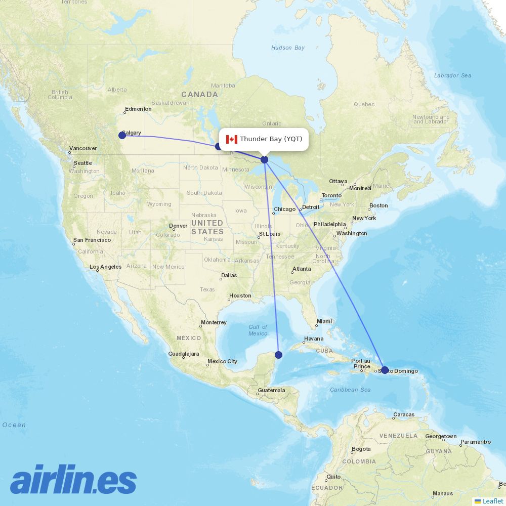 WestJet from Thunder Bay destination map
