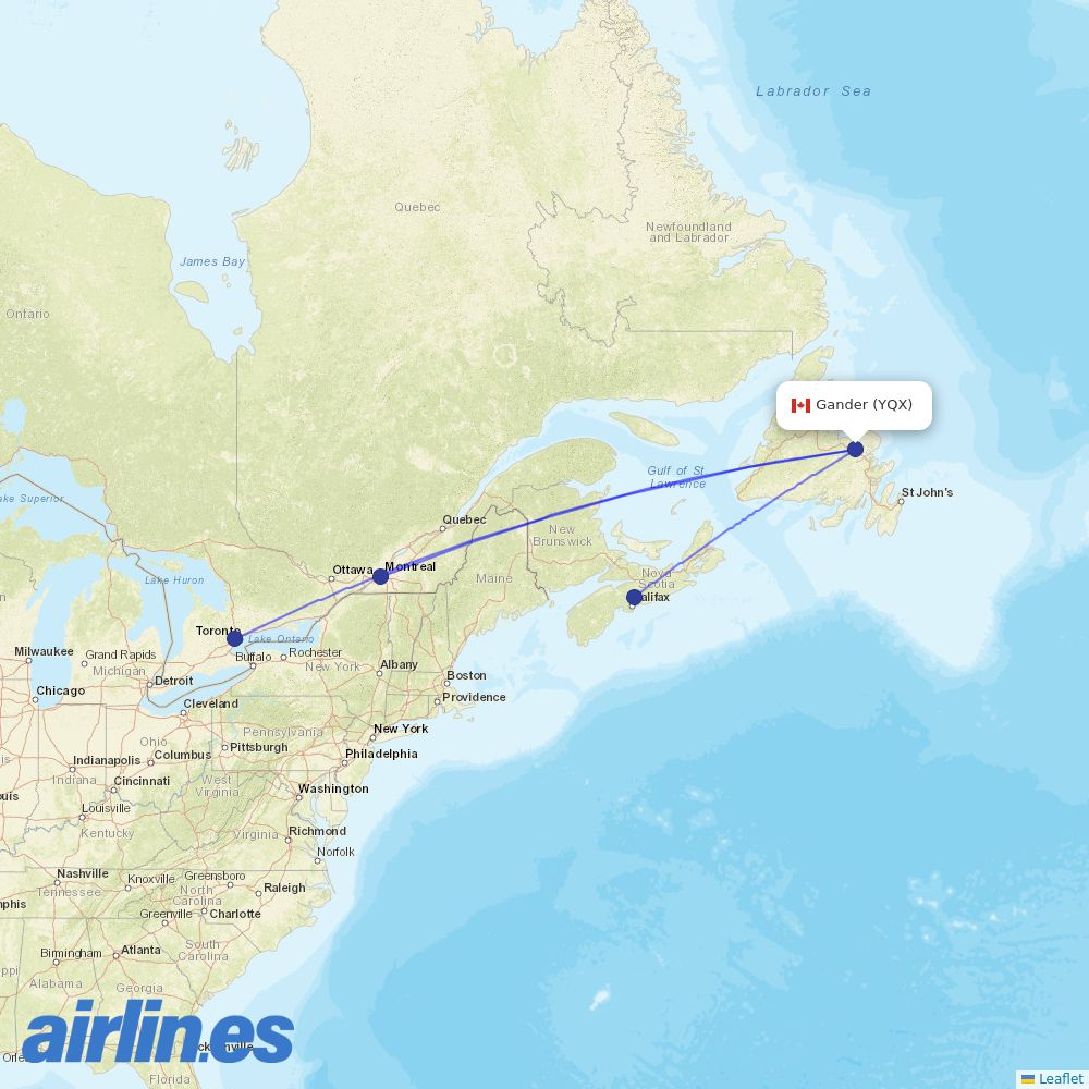 Air Canada from Gander International destination map
