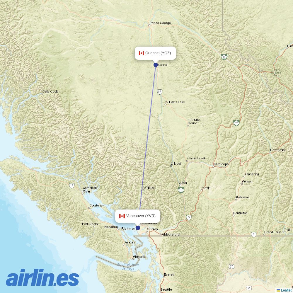 Pacific Coastal Airlines from Quesnel destination map