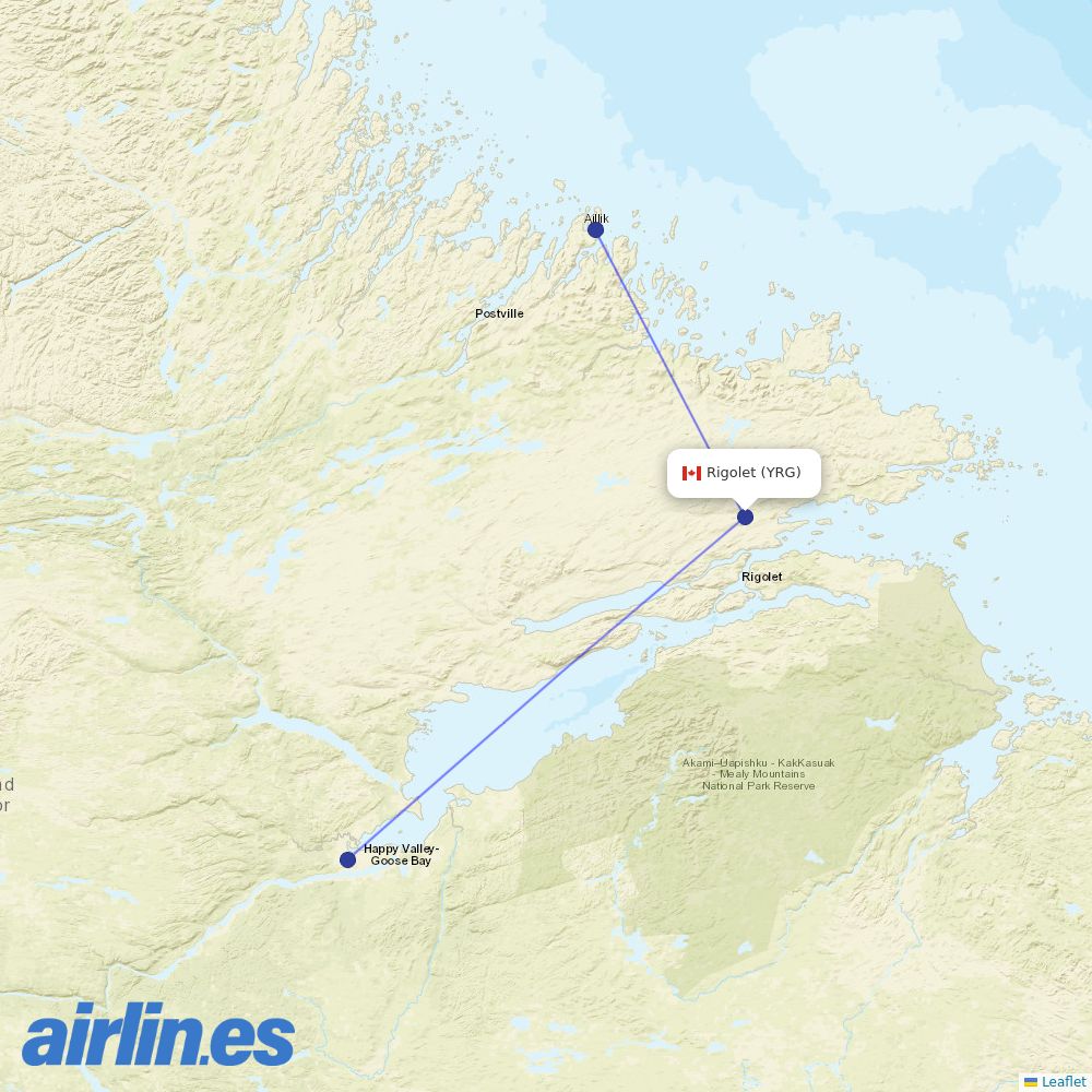PAL Airlines from Rigolet Airport destination map