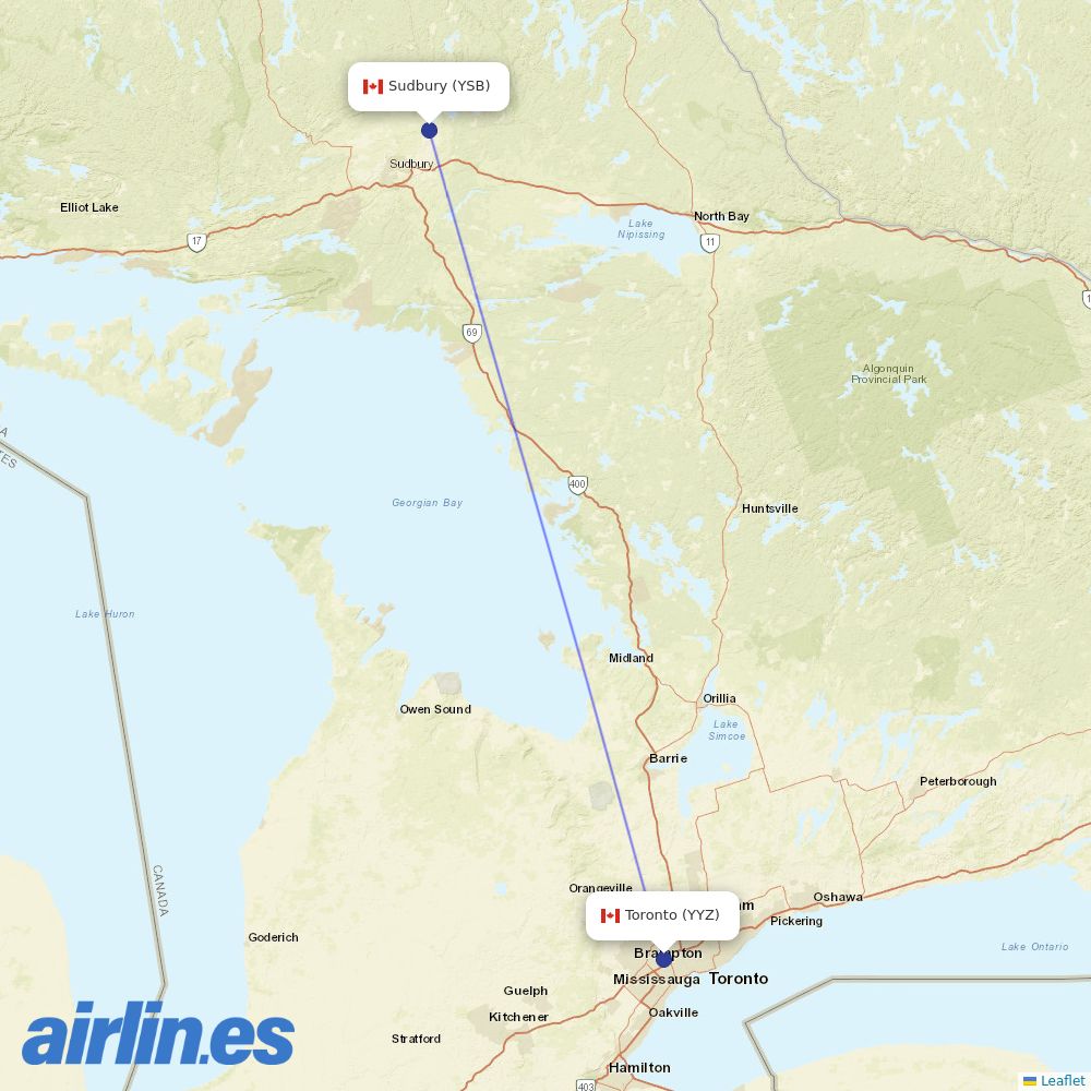 Air Canada from Sudbury destination map