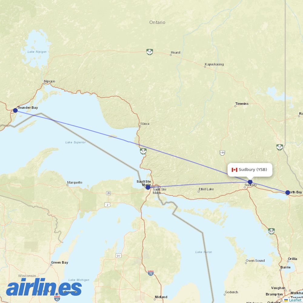 Bearskin Airlines from Sudbury destination map