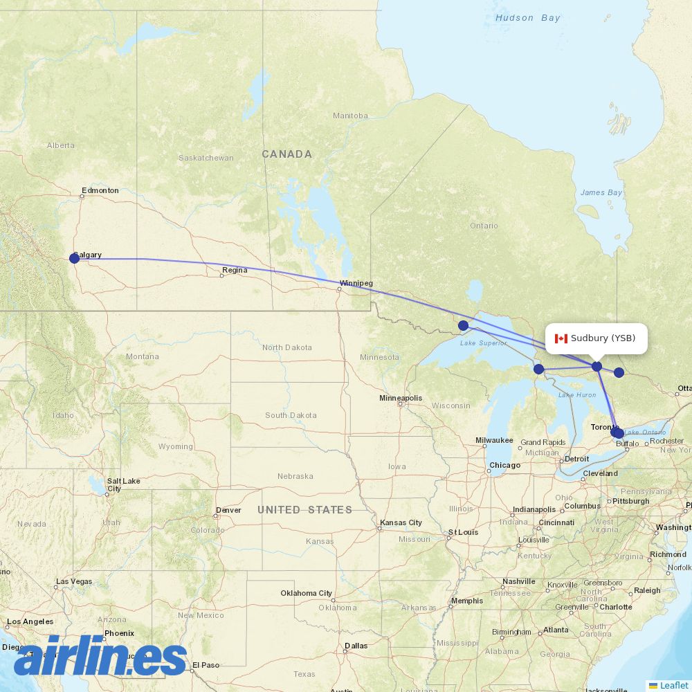 Porter Airlines from Sudbury destination map
