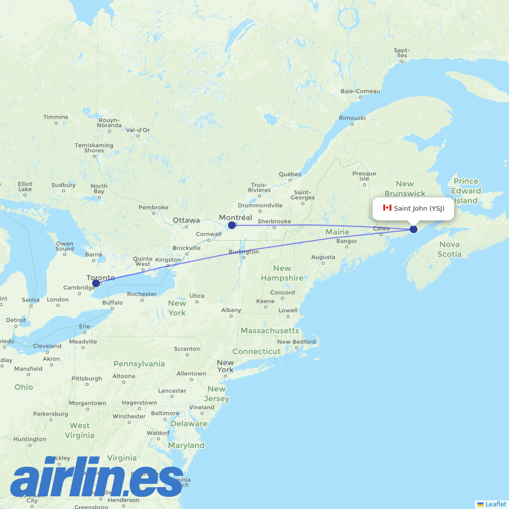 Air Canada from Saint John destination map