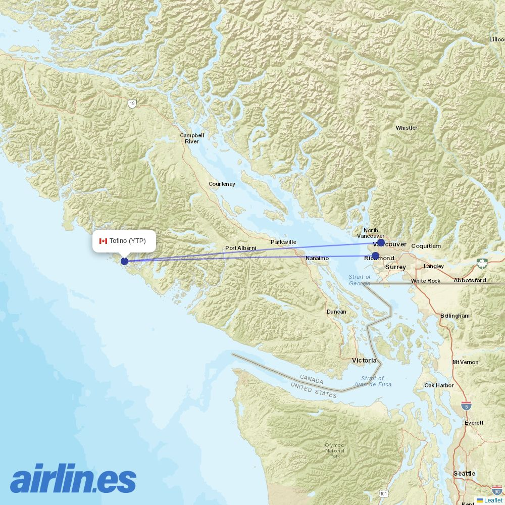 Harbour Air from Tofino Harbour Sea Plane Base destination map