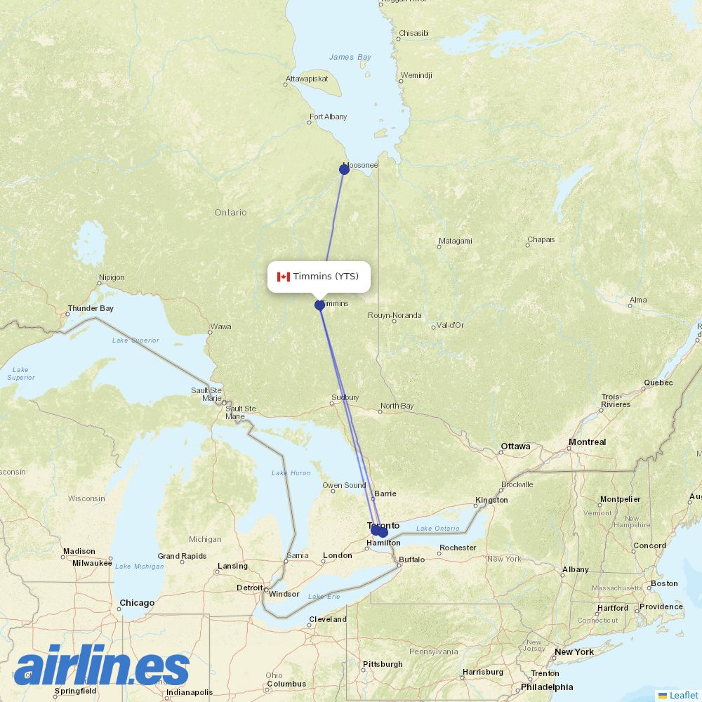 Air Canada from Timmins destination map