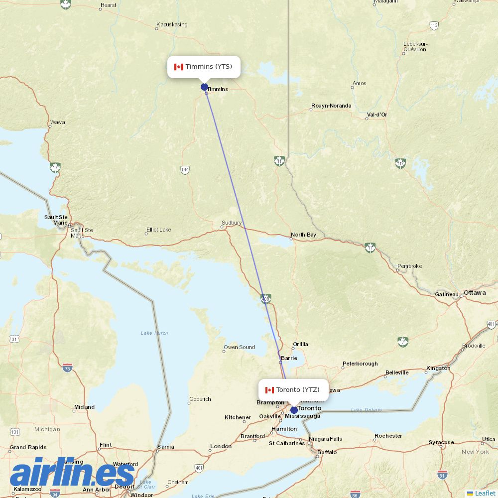 Porter Airlines from Timmins destination map