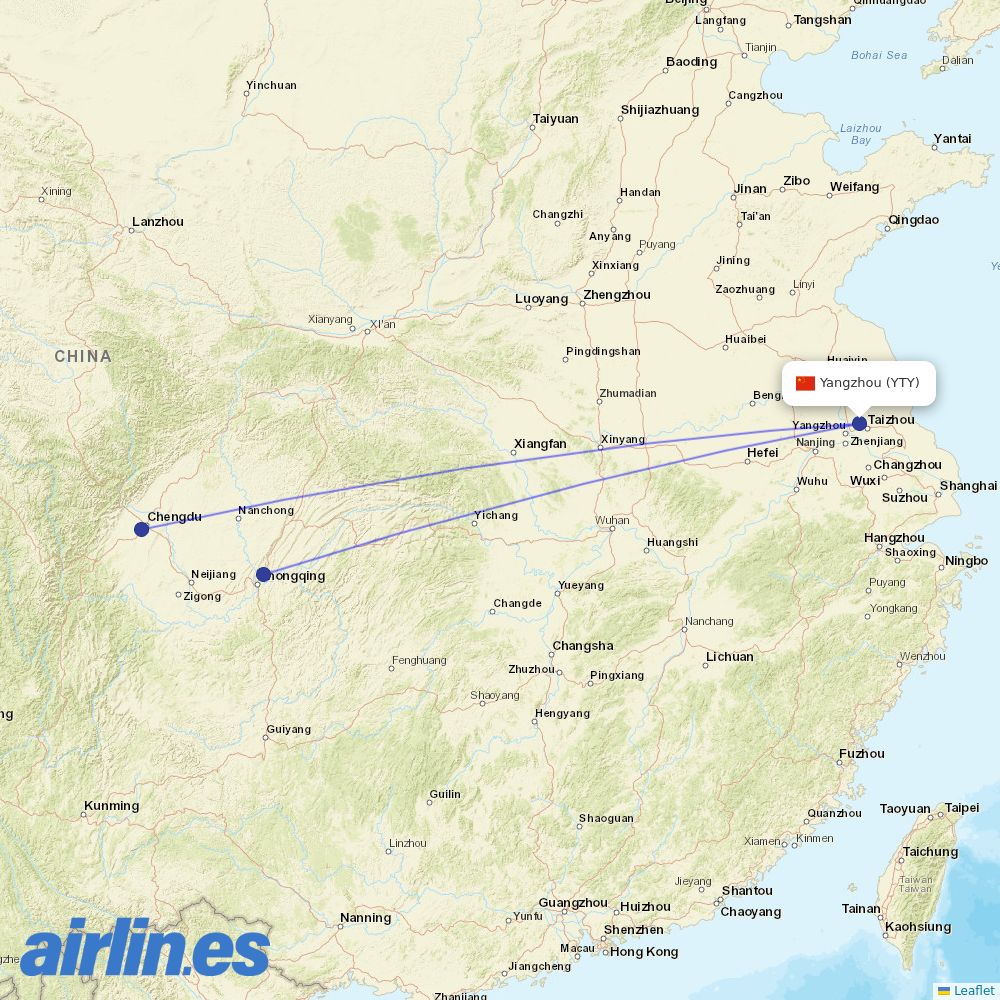 Sichuan Airlines from Yangzhou Taizhou Airport destination map