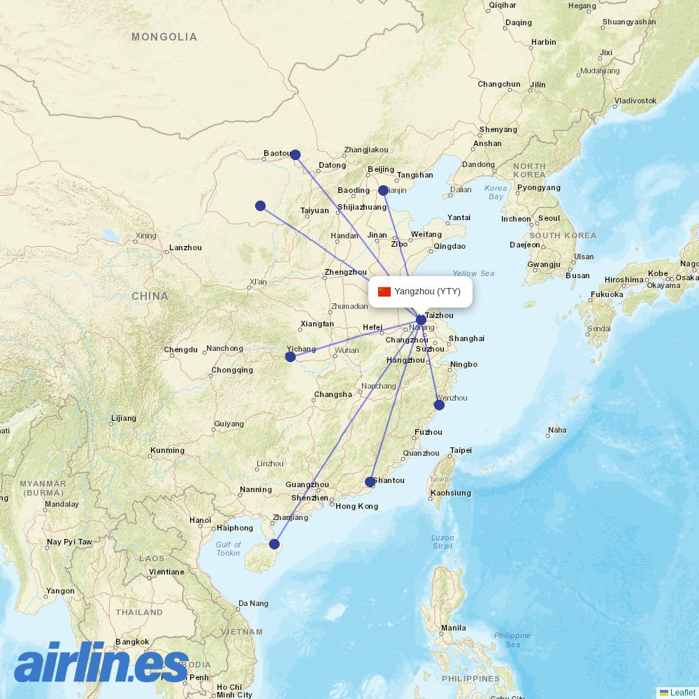 Tianjin Airlines from Yangzhou Taizhou Airport destination map