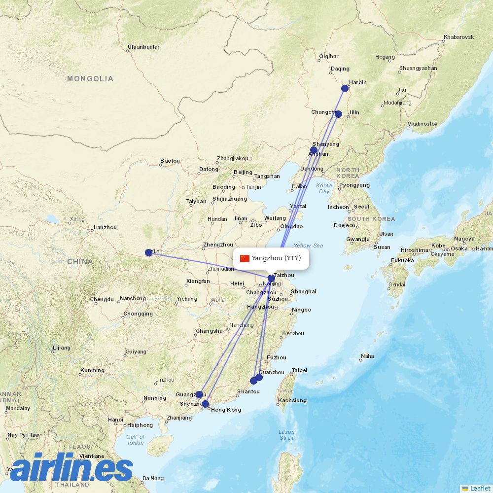 Shenzhen Airlines from Yangzhou Taizhou Airport destination map