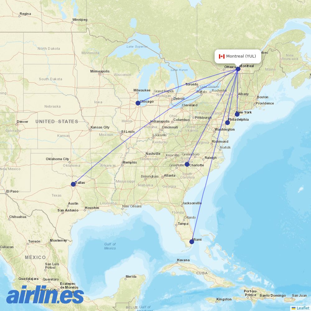 American Airlines from Pierre Elliott Trudeau International destination map