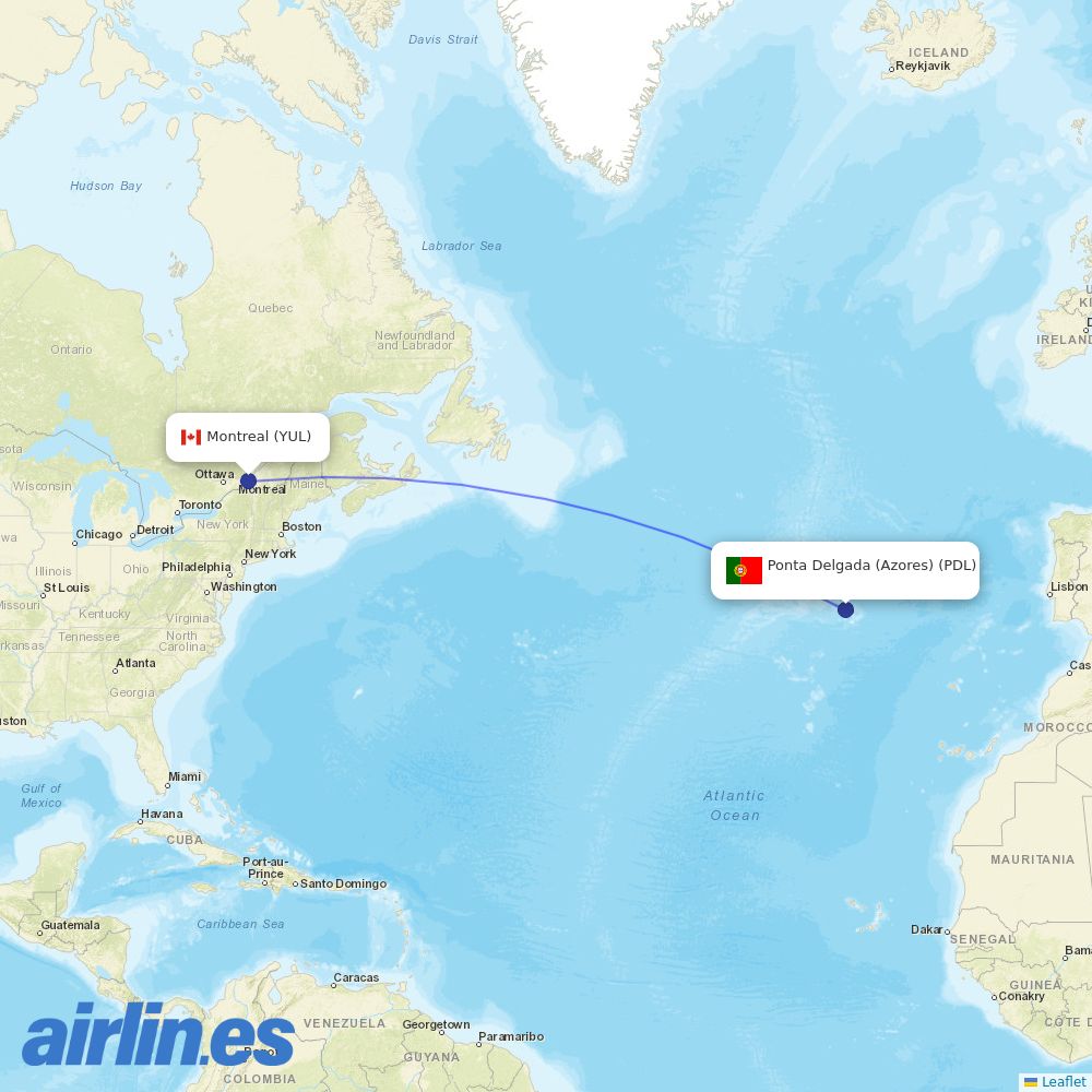 Azores Airlines at YUL route map