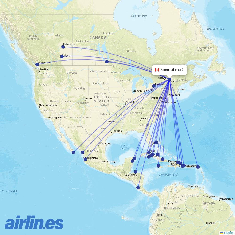 WestJet from Pierre Elliott Trudeau International destination map