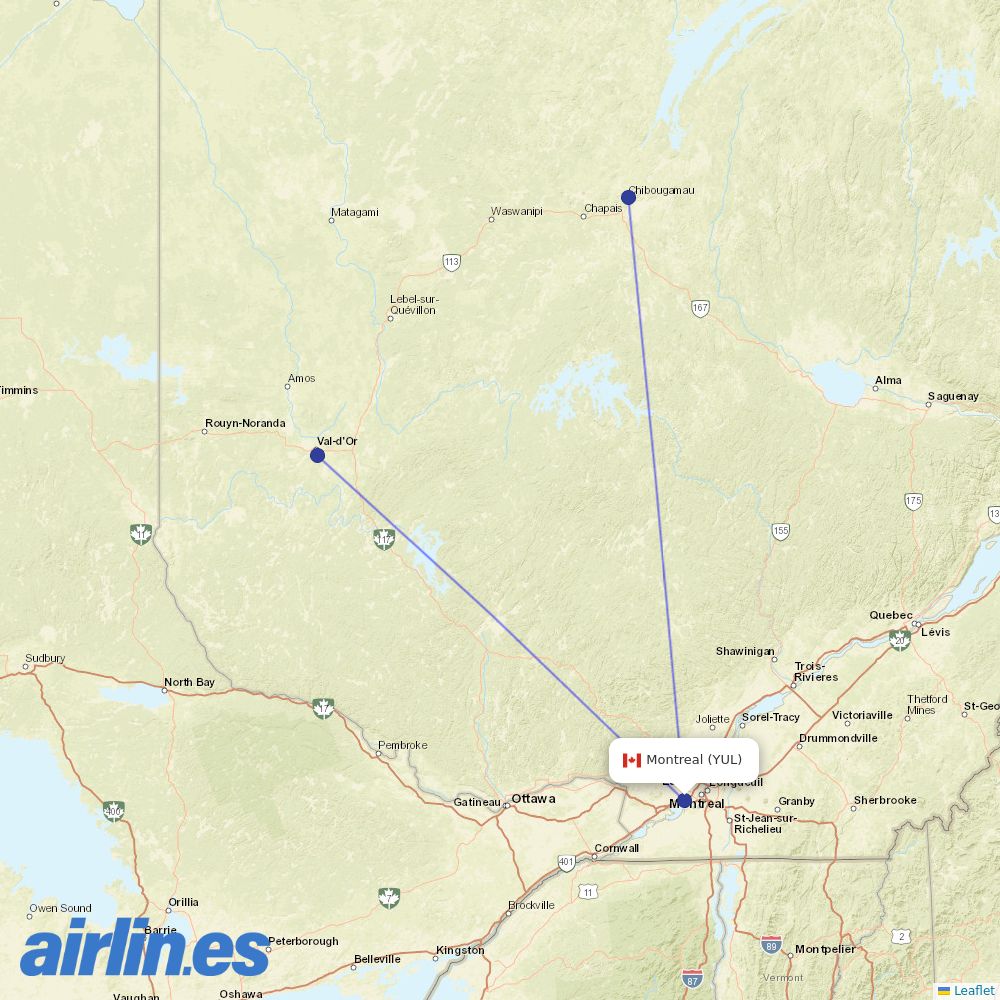 Air Creebec from Pierre Elliott Trudeau International destination map