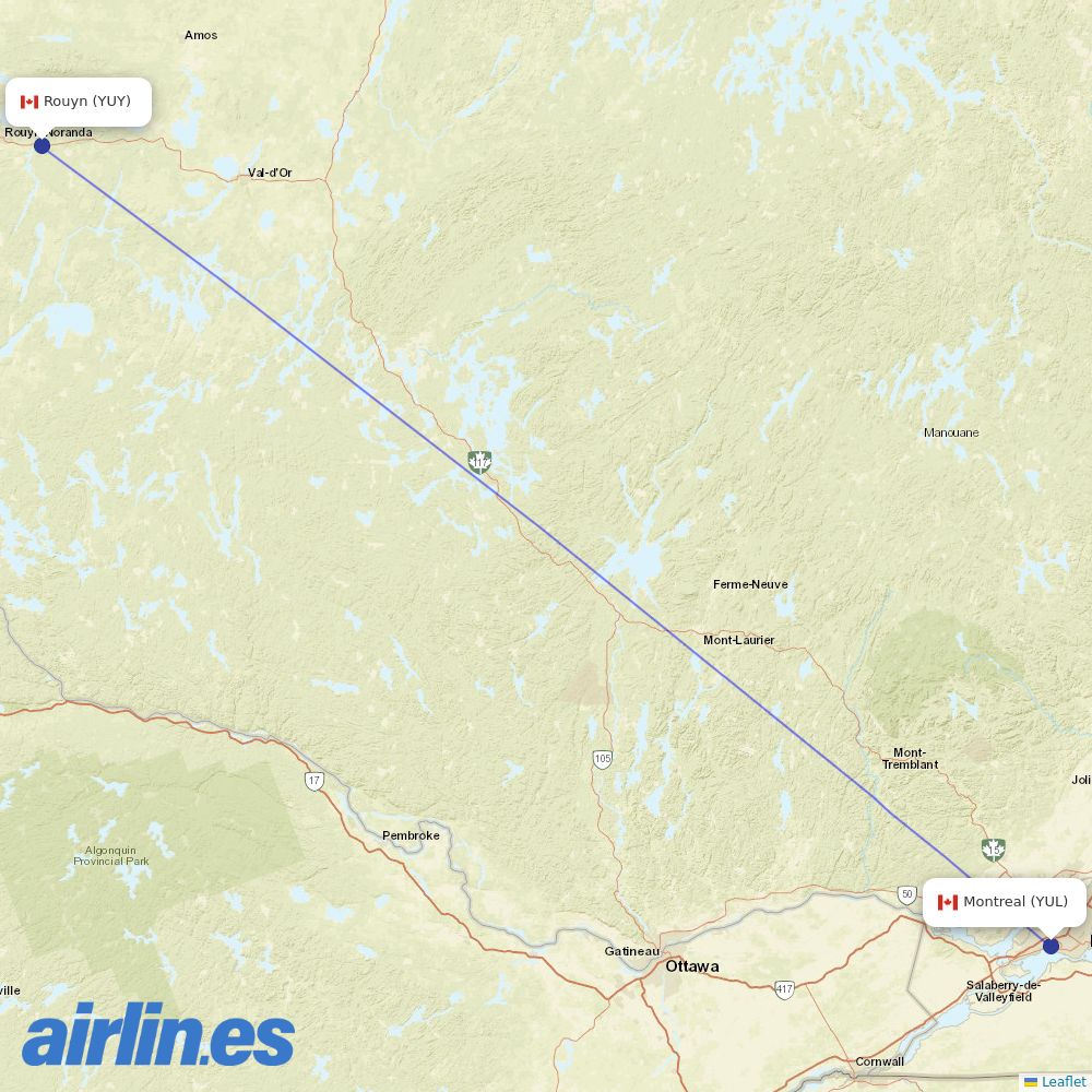 Air Canada from Rouyn Noranda destination map