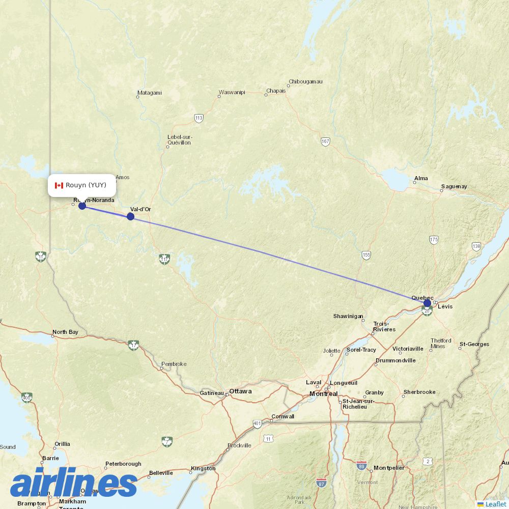 Air Liaison from Rouyn Noranda destination map