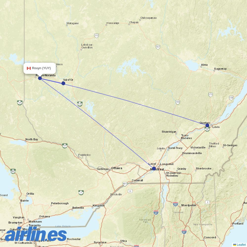 Jet Aviation from Rouyn Noranda destination map