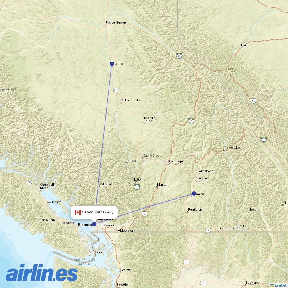 Central Mountain Air from Vancouver International Airport destination map