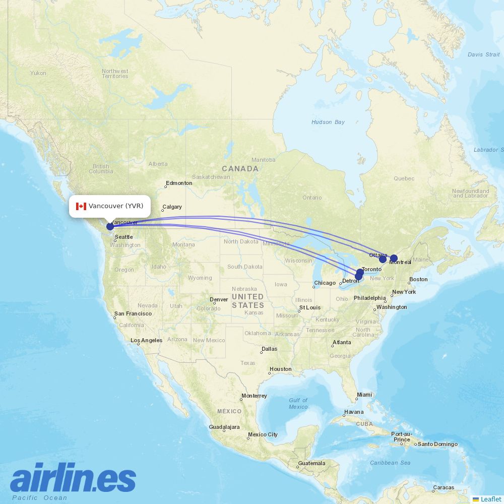Porter Airlines from Vancouver International Airport destination map
