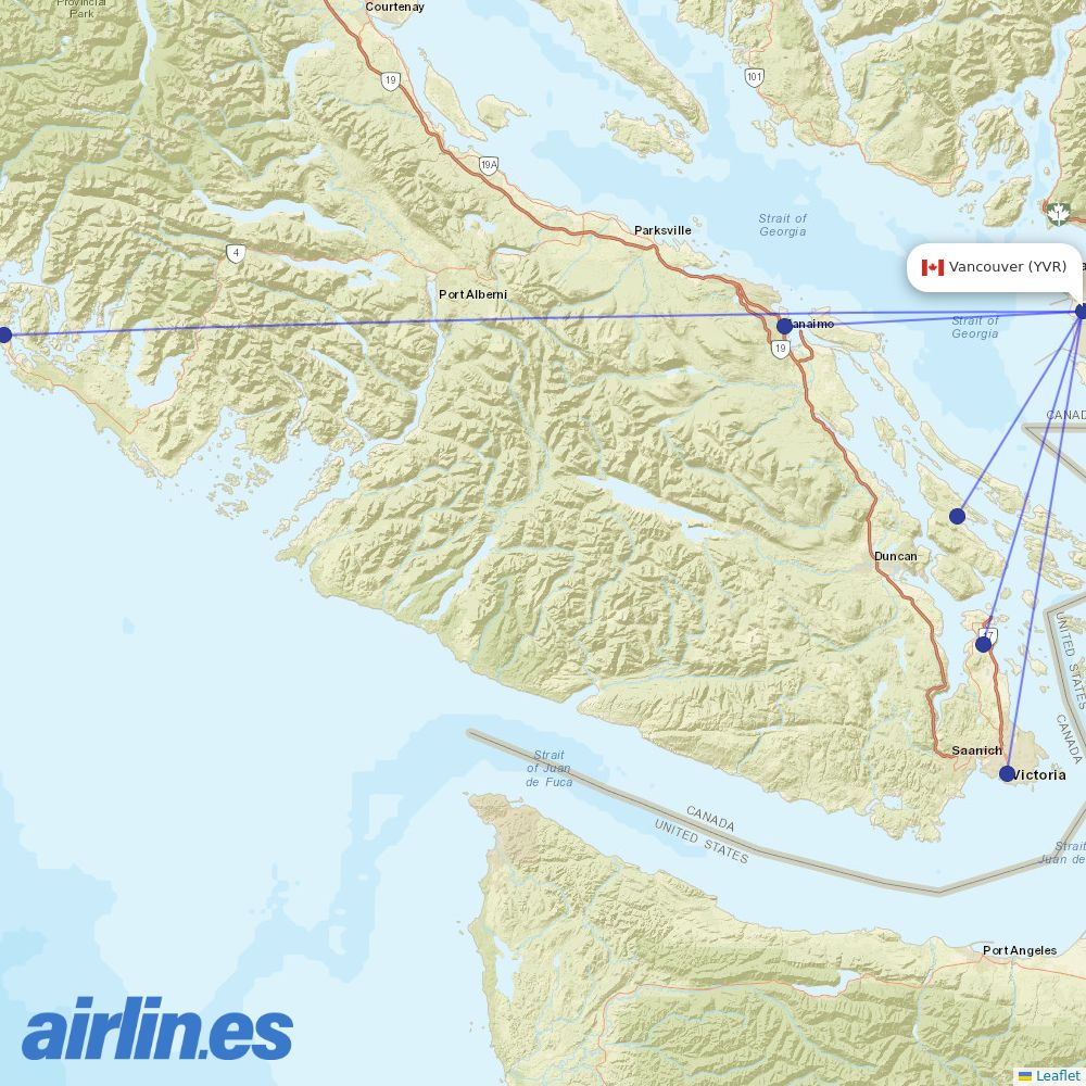 Harbour Air from Vancouver International Airport destination map
