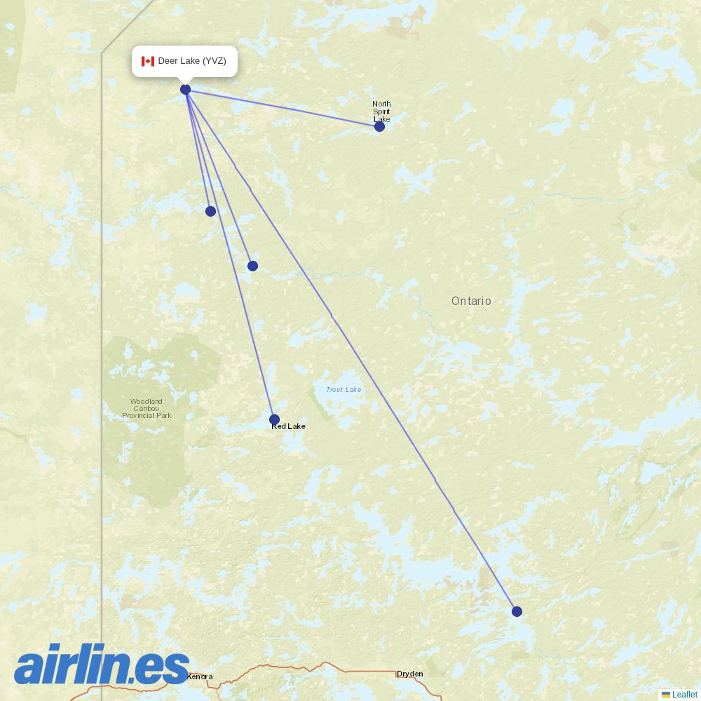 Wasaya Airways from Deer Lake Airport destination map