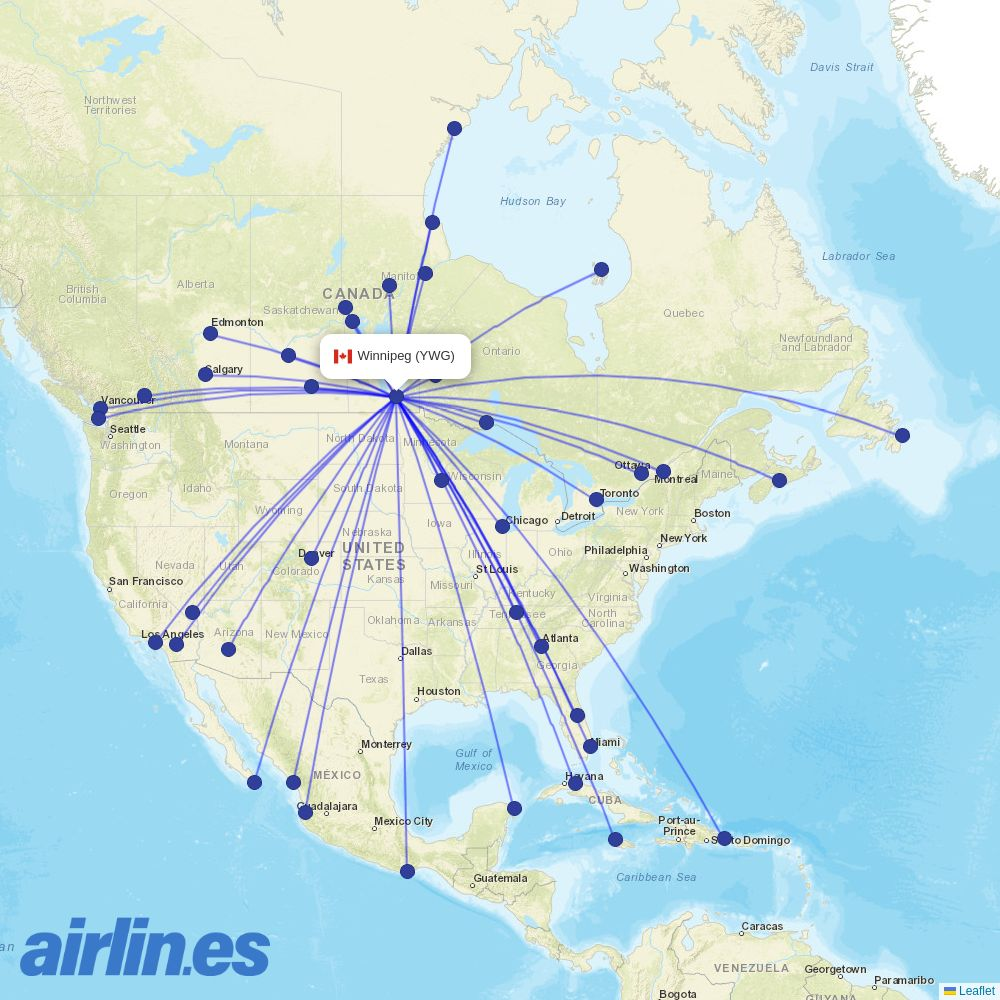 United Airlines from Winnipeg International destination map