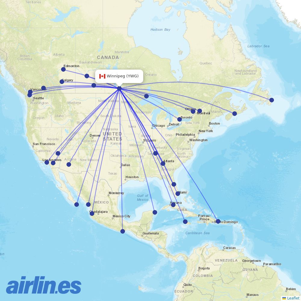WestJet at YWG route map