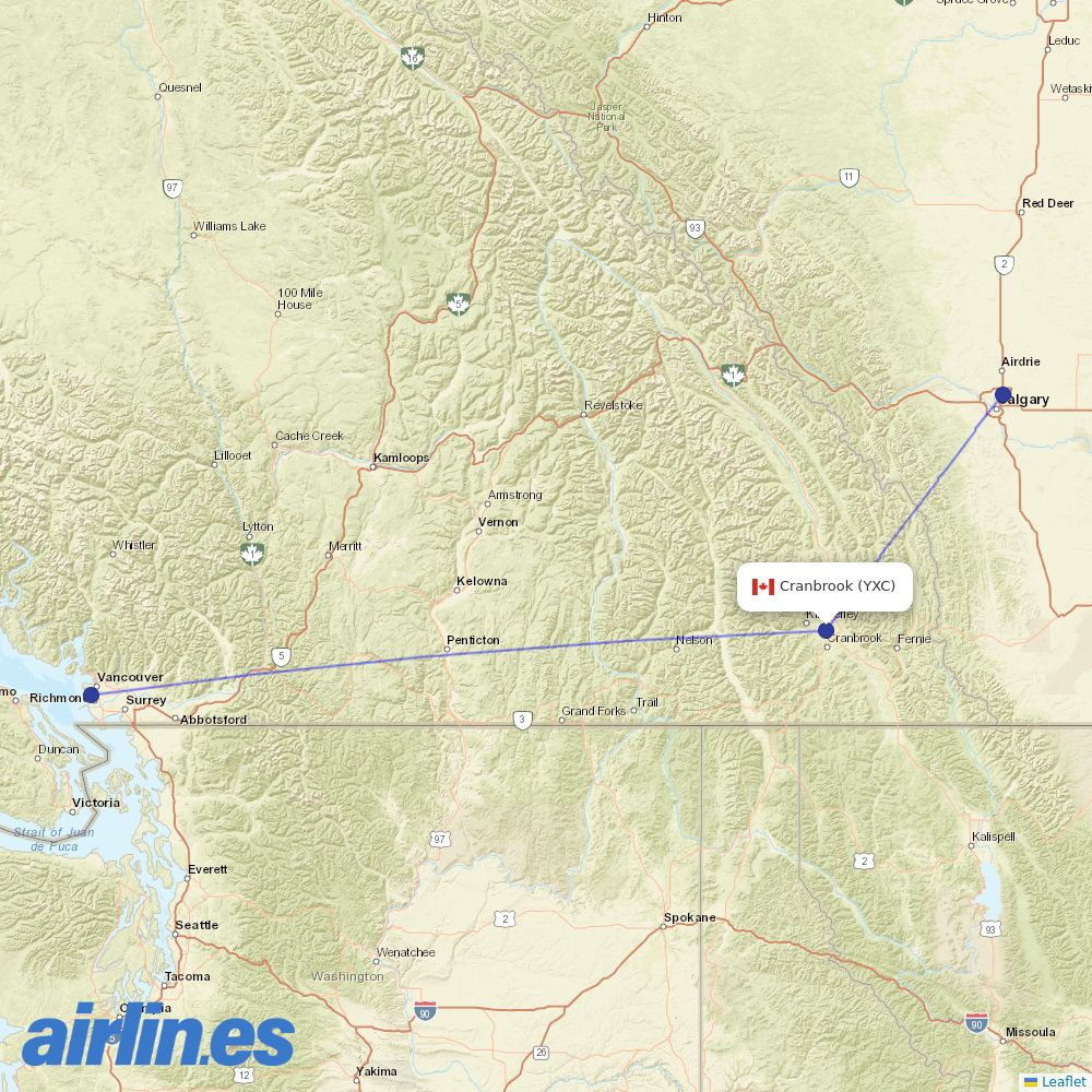 Air Canada from Cranbrook destination map