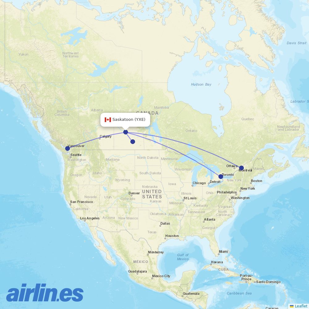 Air Canada from Saskatoon J G Diefenbaker International destination map
