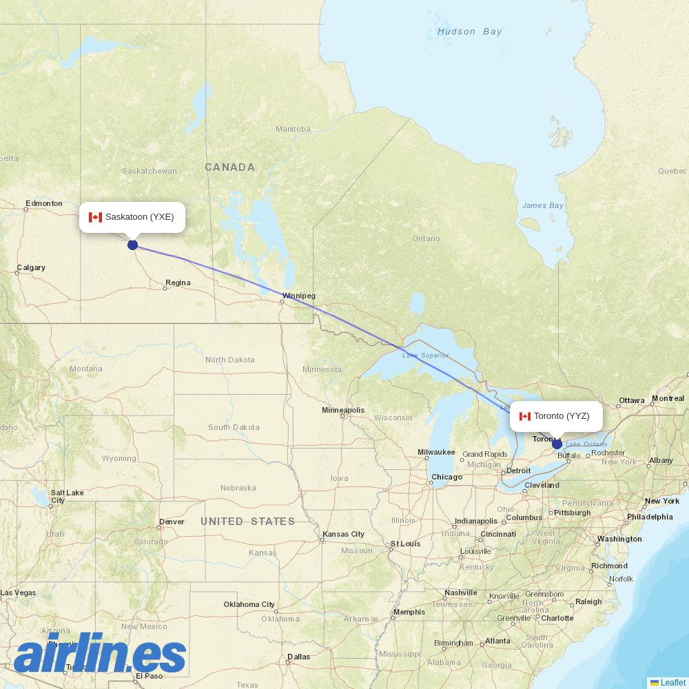Porter Airlines from Saskatoon J G Diefenbaker International destination map