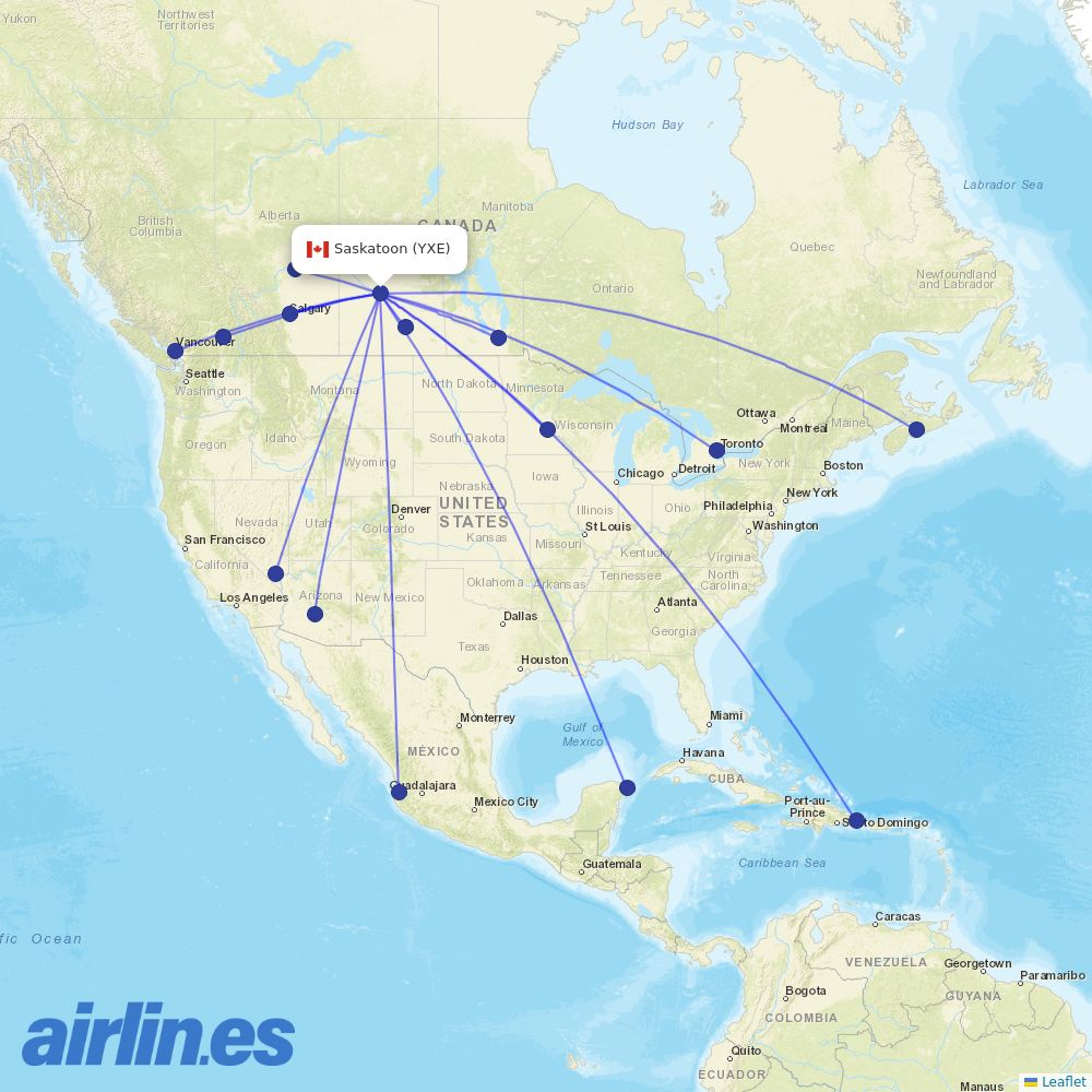 WestJet from Saskatoon J G Diefenbaker International destination map