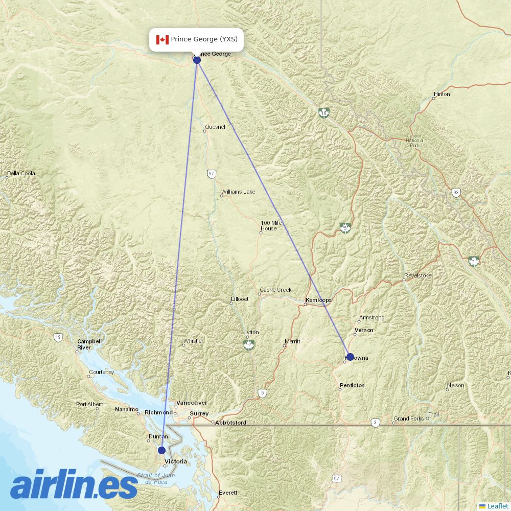 Pacific Coastal Airlines from Prince George destination map