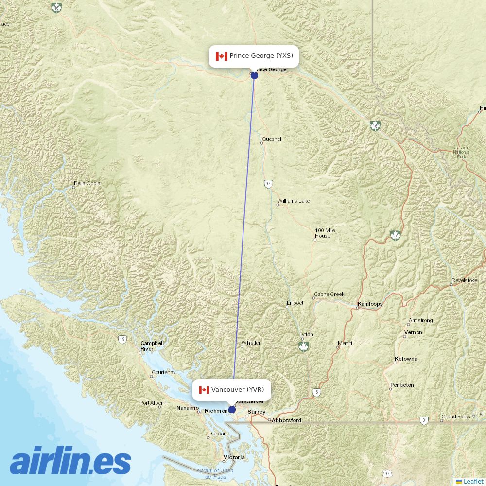 Air Canada from Prince George destination map